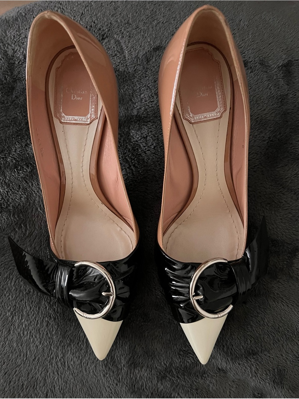 Dior Black Patent and Cream Pointed Toe Pumps with Silver Buckle
